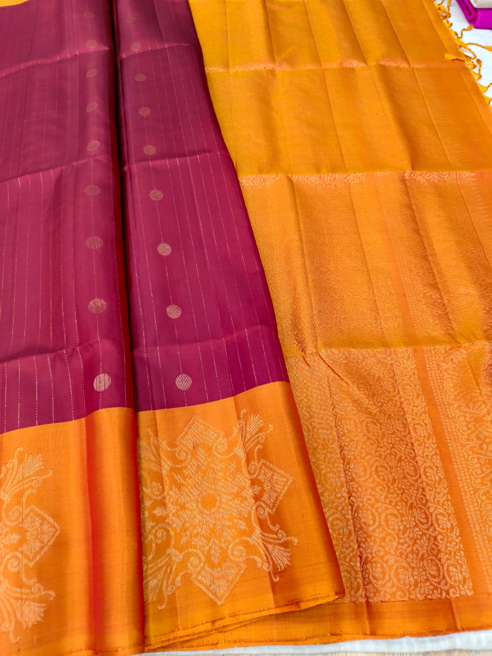 Mulberry Soft Silk Saree with Mango Yellow Pallu