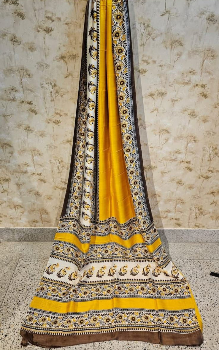 Mustard Yellow Bengal Silk Saree With Floral Pattern Border and Pallu