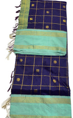 Navy Blue Kattam Silk Cotton Saree with Pale Teal Border