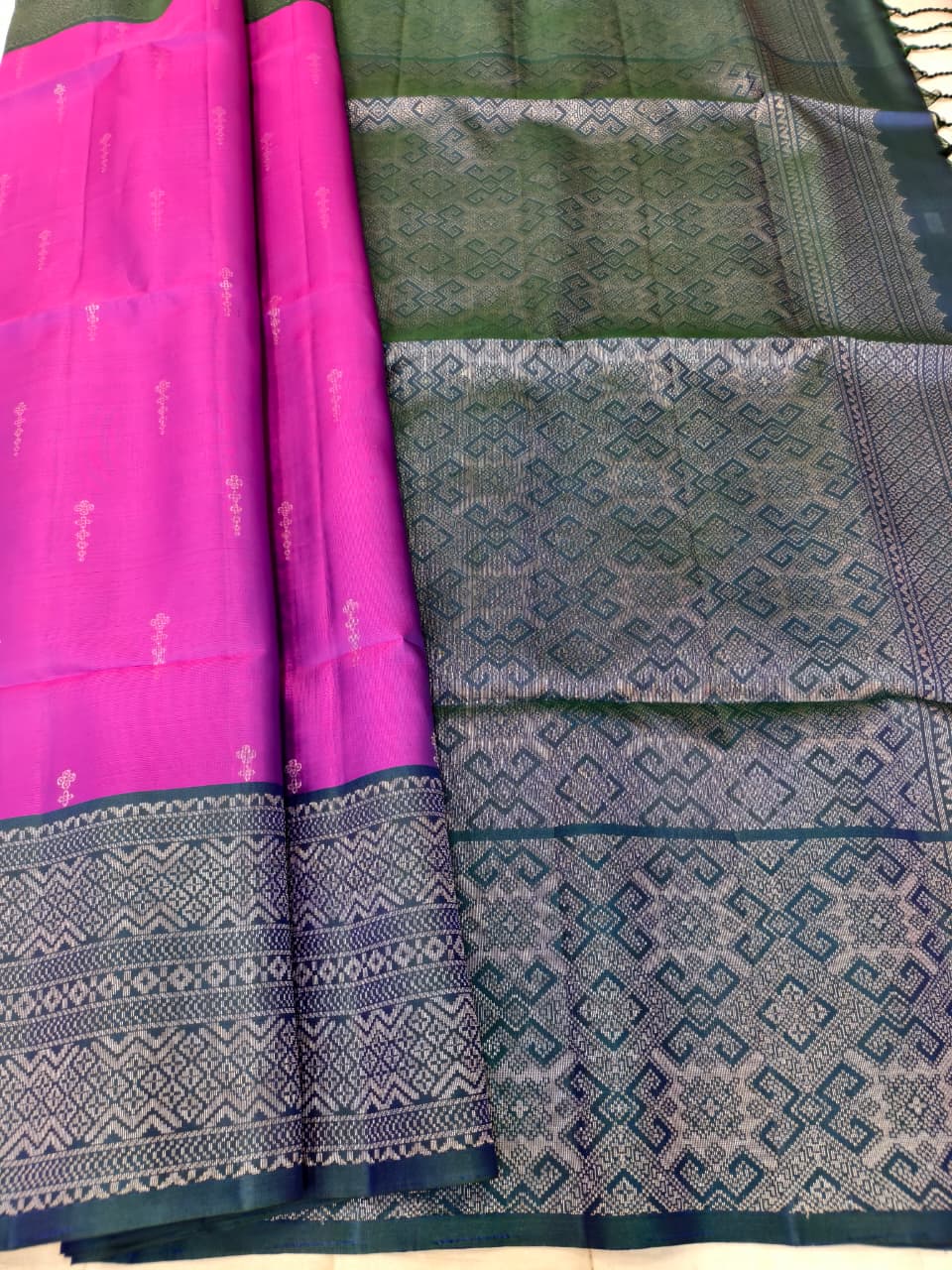 Neon Pink Soft Silk Saree with Dark Grey Pallu and Border
