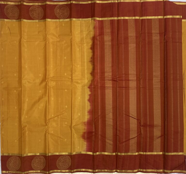 Ochre Kanjivaram Saree with Peacock Border and Burgundy Pallu