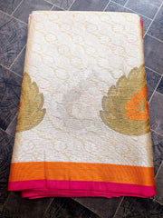 Off White Banarasi Semi Silk Saree with Orange & Raspberry Border