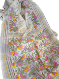 Off White Tussar Silk Saree with Pink Yellow Floral Design
