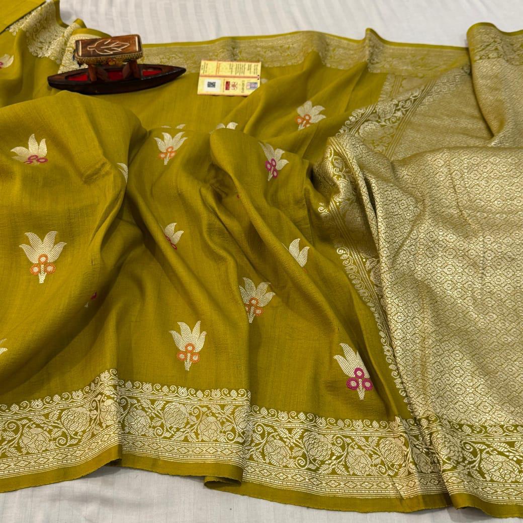 Olive Green Banarasi Silk Saree with Floral Motif