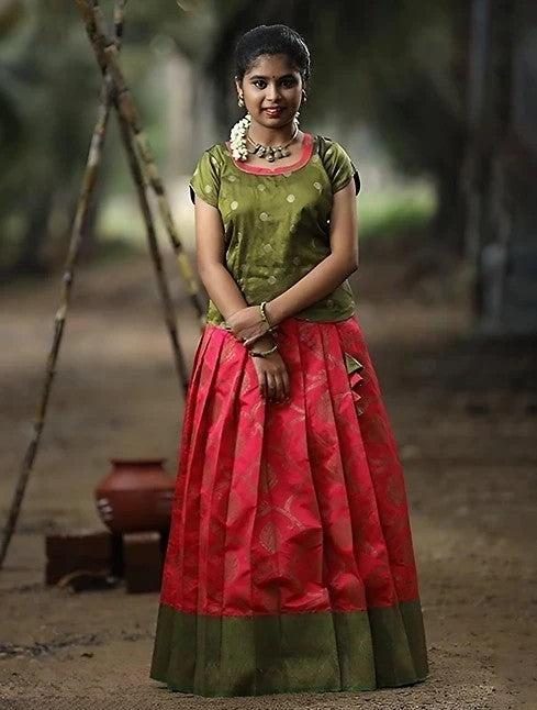 Olive Green and Brick Red Pattu Pavadai Set