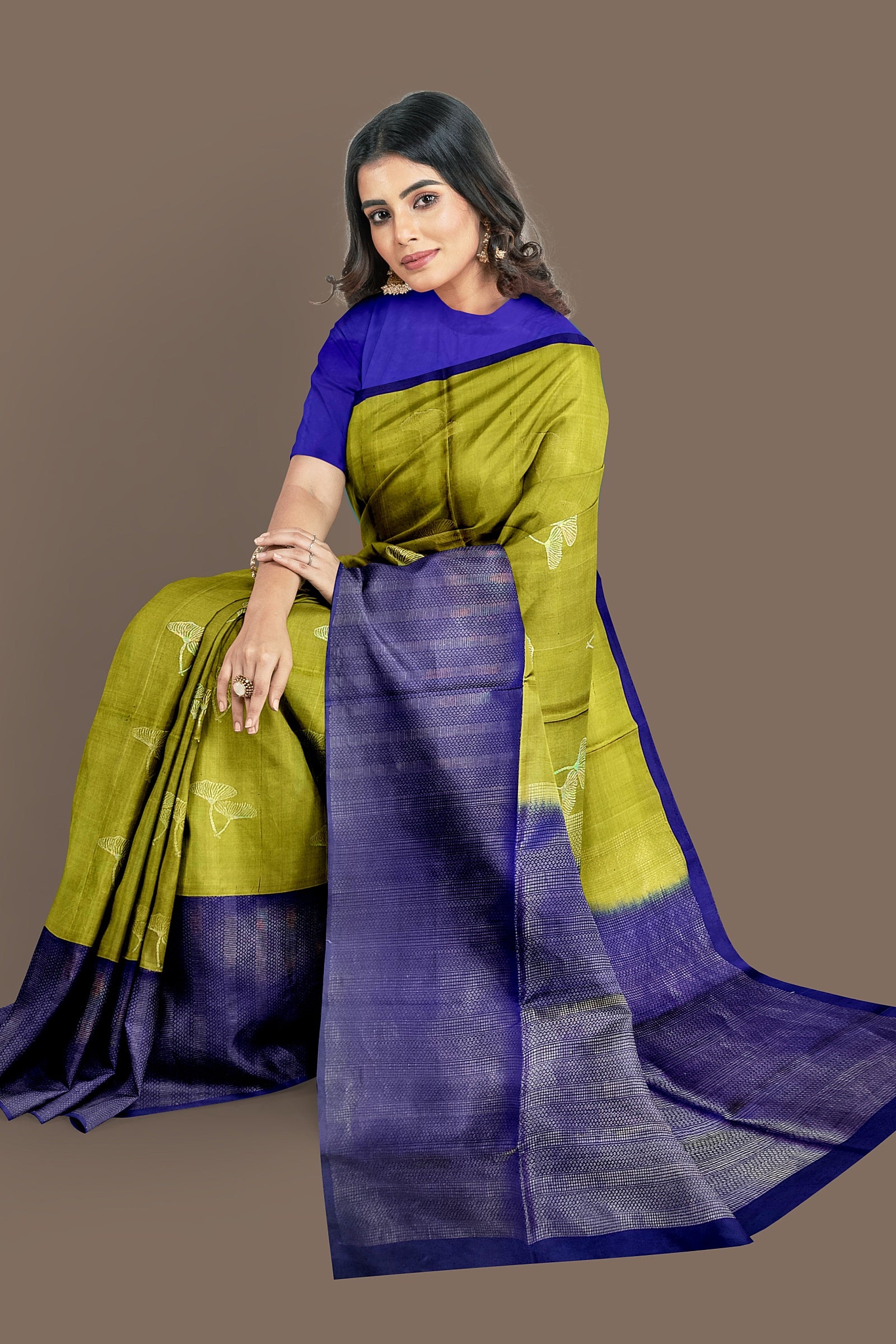 Olive Green with Navy blue soft silk saree