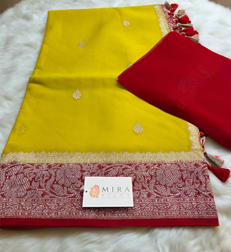 Olive Yellow Banaras Khaddi with Paprika Red Border