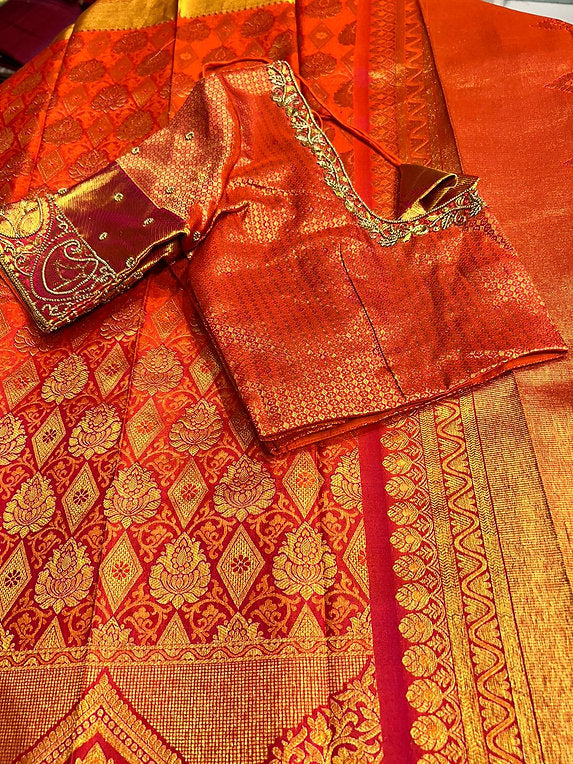 Orange Red Kanjivaram Silk Sari with Ari work Blouse