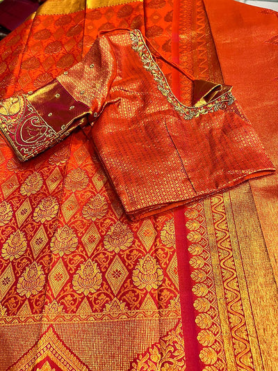 Orange Red Kanjivaram Silk Sari with Ari work Blouse - MIRASILKS Orange Red Kanjivaram Silk Sari with Ari work Blouse 