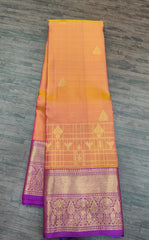 Golden yellow checks Kanjivaram Saree with Deep Lilac Border