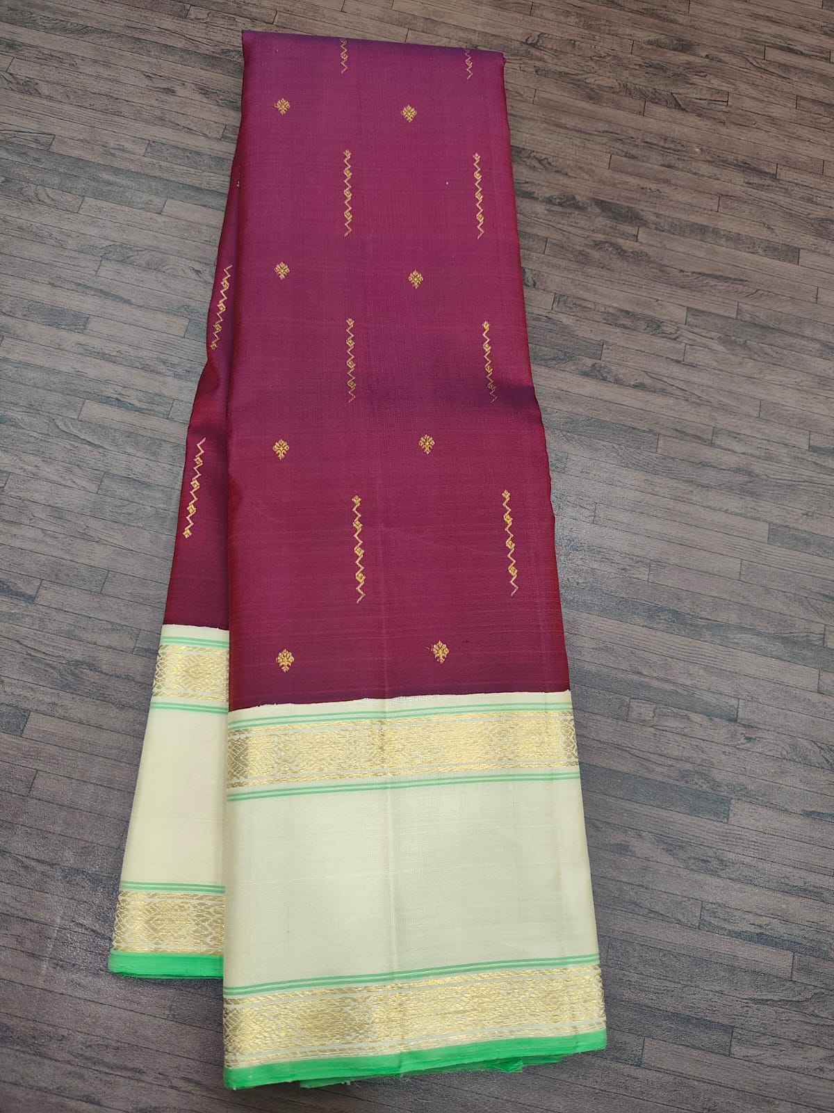 Wine Kanjivaram Saree with off white Border