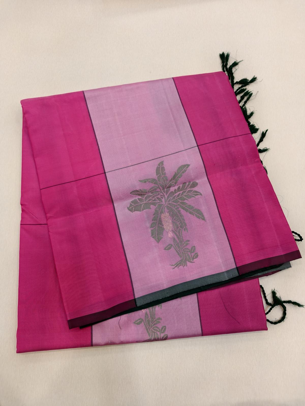 Mauve Purple and Blush Pink Pettu Soft Silk Saree with Dark Green Pallu