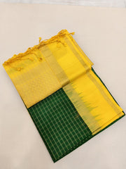 Dark Green Retta Pettu Soft Silk Saree with Yellow Pallu