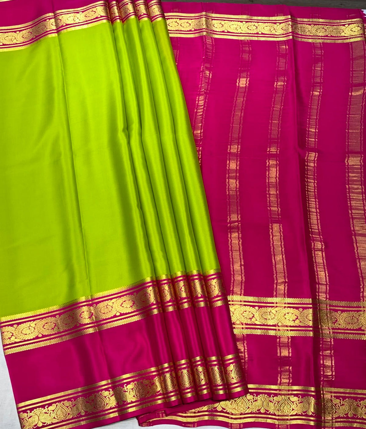 Parrot Green Mysore Pure Silk Saree With Ruby pink and Gold Zari Border