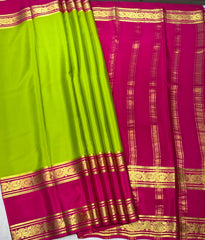 Parrot Green Mysore Pure Silk Saree With Ruby pink and Gold Zari Border