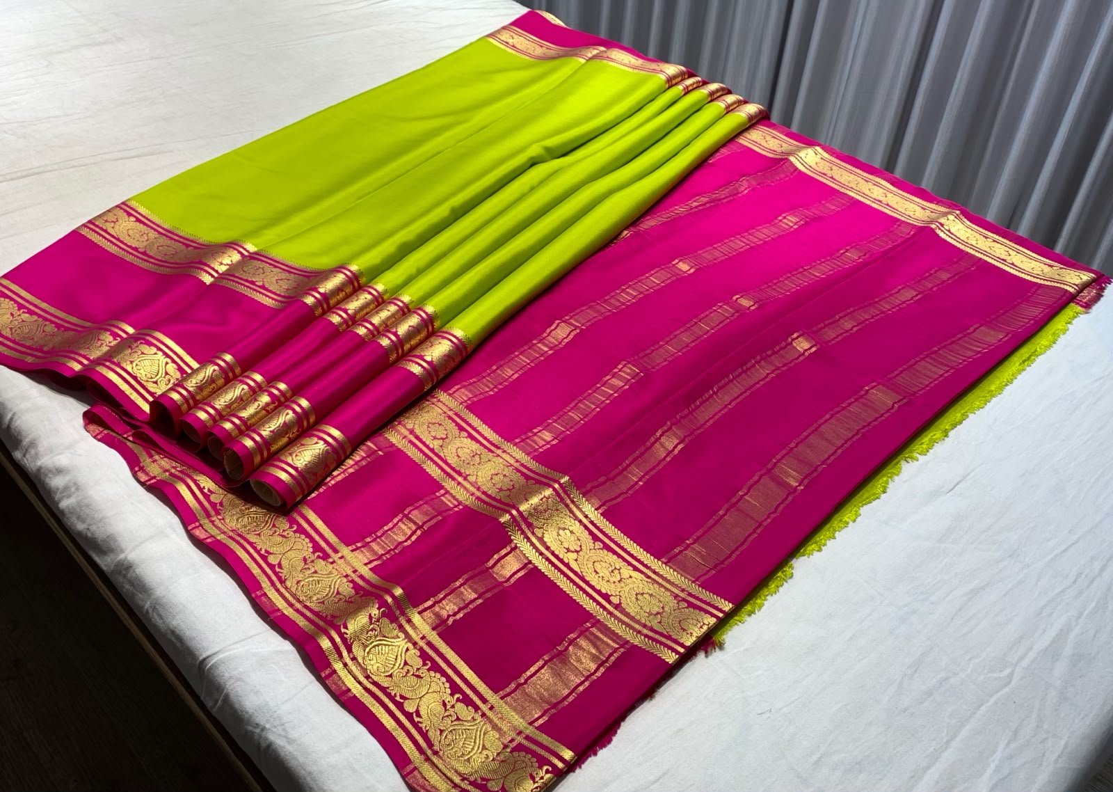 Parrot Green Mysore Pure Silk Saree With Ruby pink and Gold Zari Border