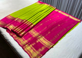 Parrot Green Mysore Pure Silk Saree With Ruby pink and Gold Zari Border