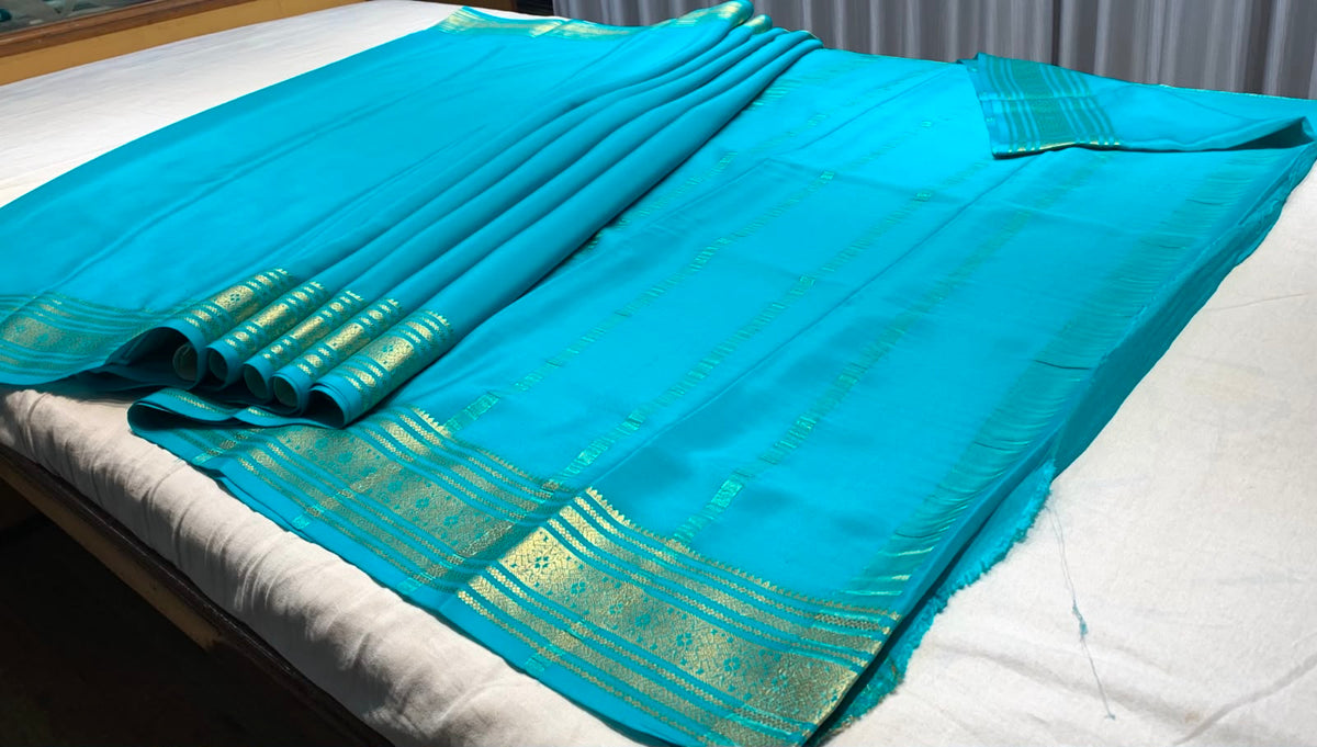 Sea Blue Mysore Pure Silk Saree With Gold Zari Border