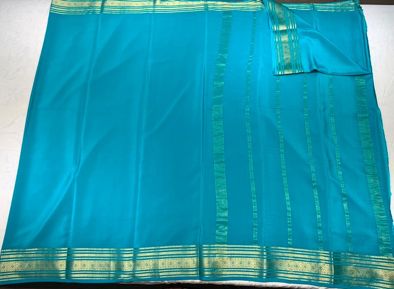 Sea Blue Mysore Pure Silk Saree With Gold Zari Border