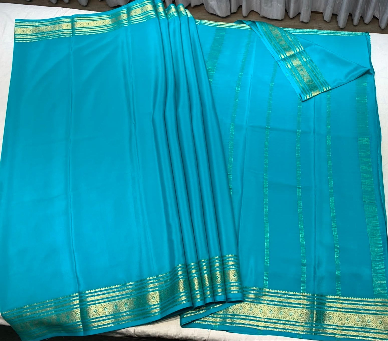 Sea Blue Mysore Pure Silk Saree With Gold Zari Border