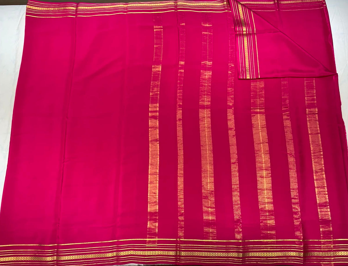 Dark Rose Pink Mysore Pure Silk Saree With Gold Zari Border