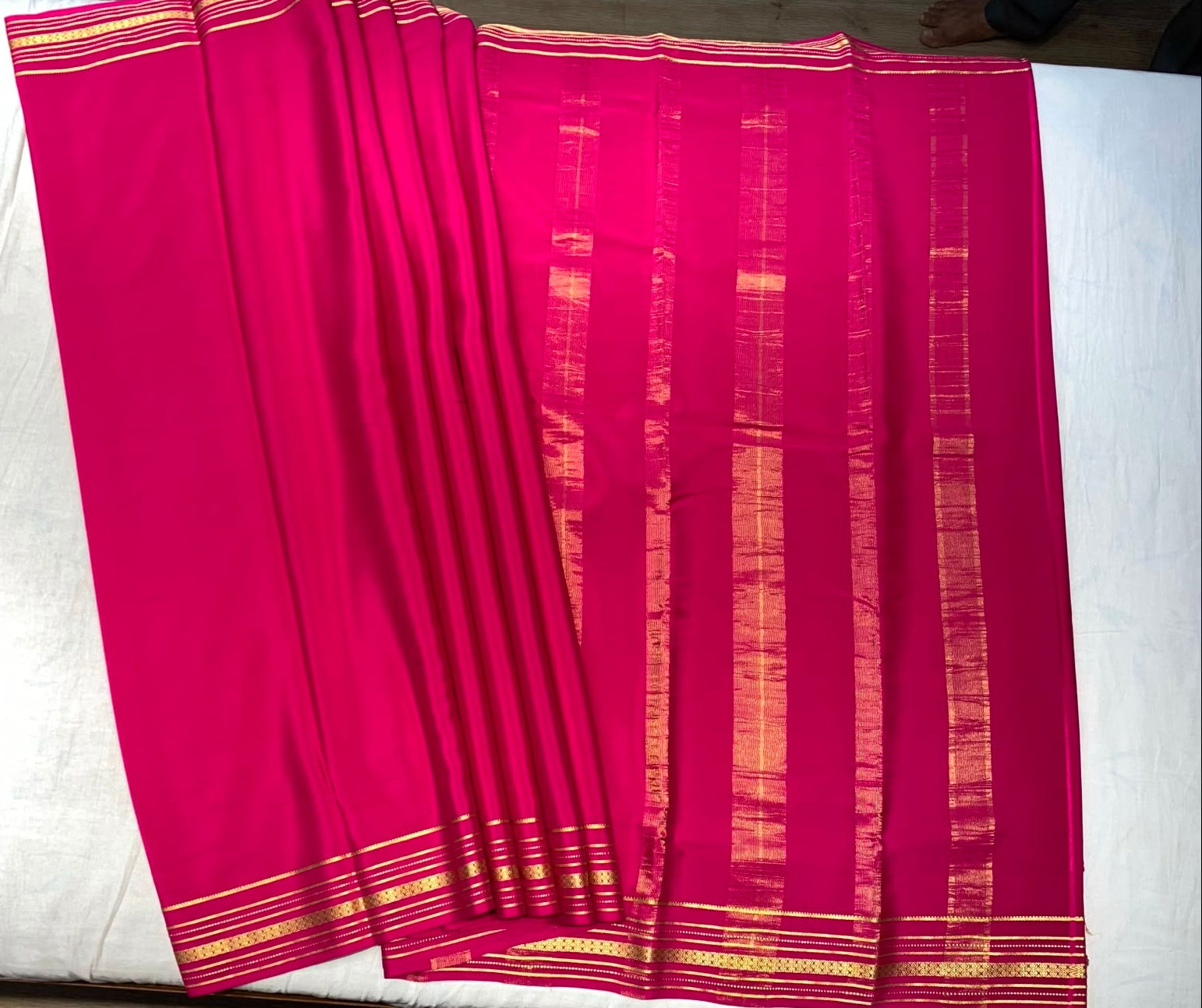 Dark Rose Pink Mysore Pure Silk Saree With Gold Zari Border