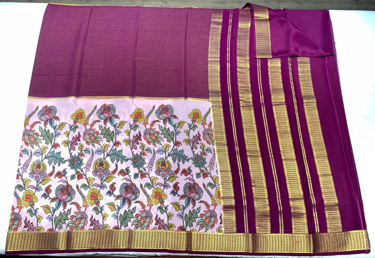 Floral Print Pink and Purple Mysore Pure Silk Saree With Gold Zari Border