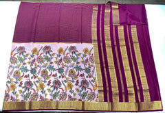 Floral Print Pink and Purple Mysore Pure Silk Saree With Gold Zari Border