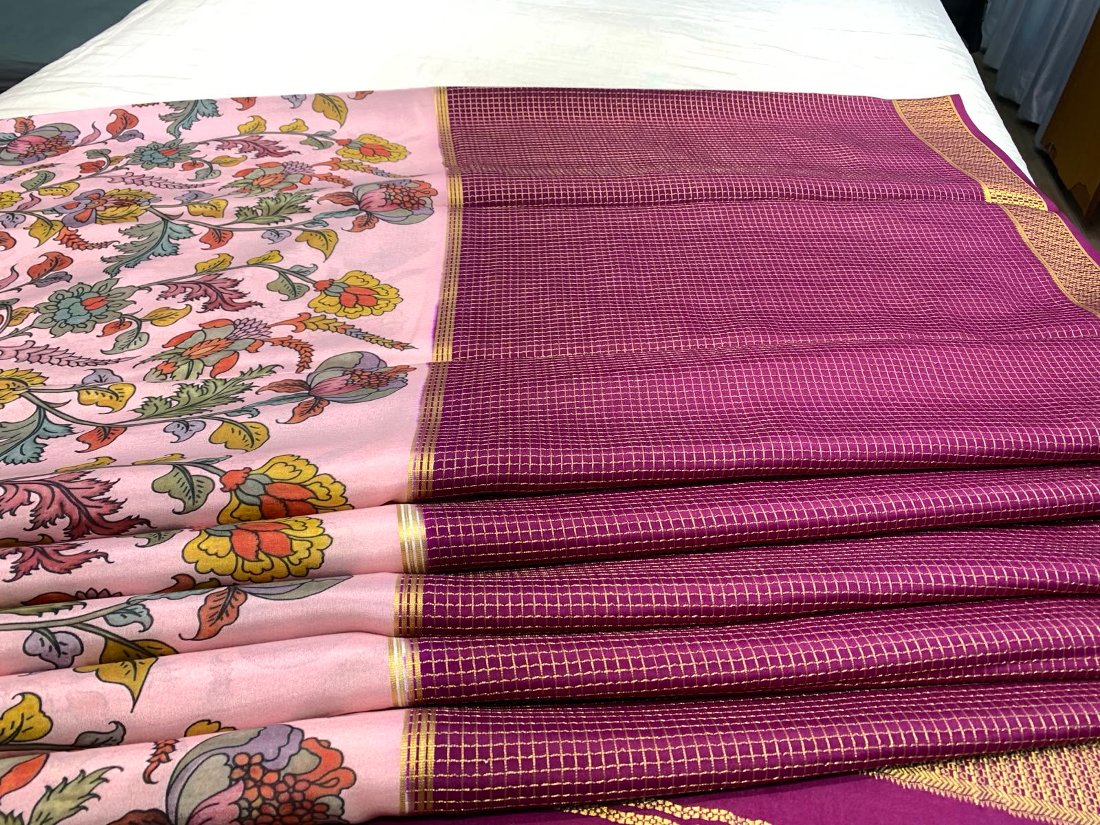 Floral Print Pink and Purple Mysore Pure Silk Saree With Gold Zari Border