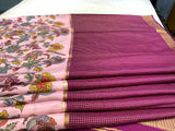 Floral Print Pink and Purple Mysore Pure Silk Saree With Gold Zari Border