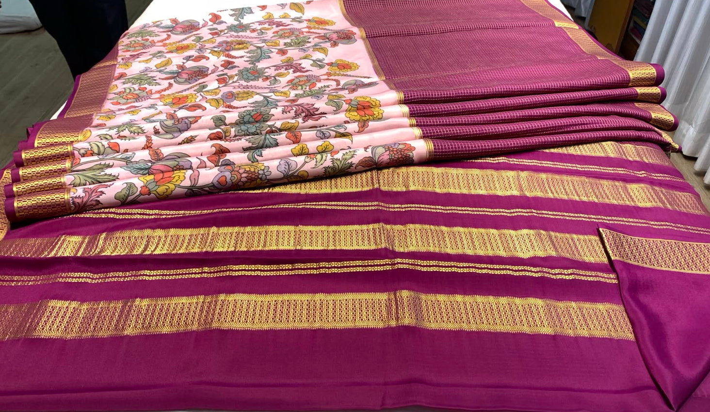 Floral Print Pink and Purple Mysore Pure Silk Saree With Gold Zari Border