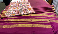 Floral Print Pink and Purple Mysore Pure Silk Saree With Gold Zari Border