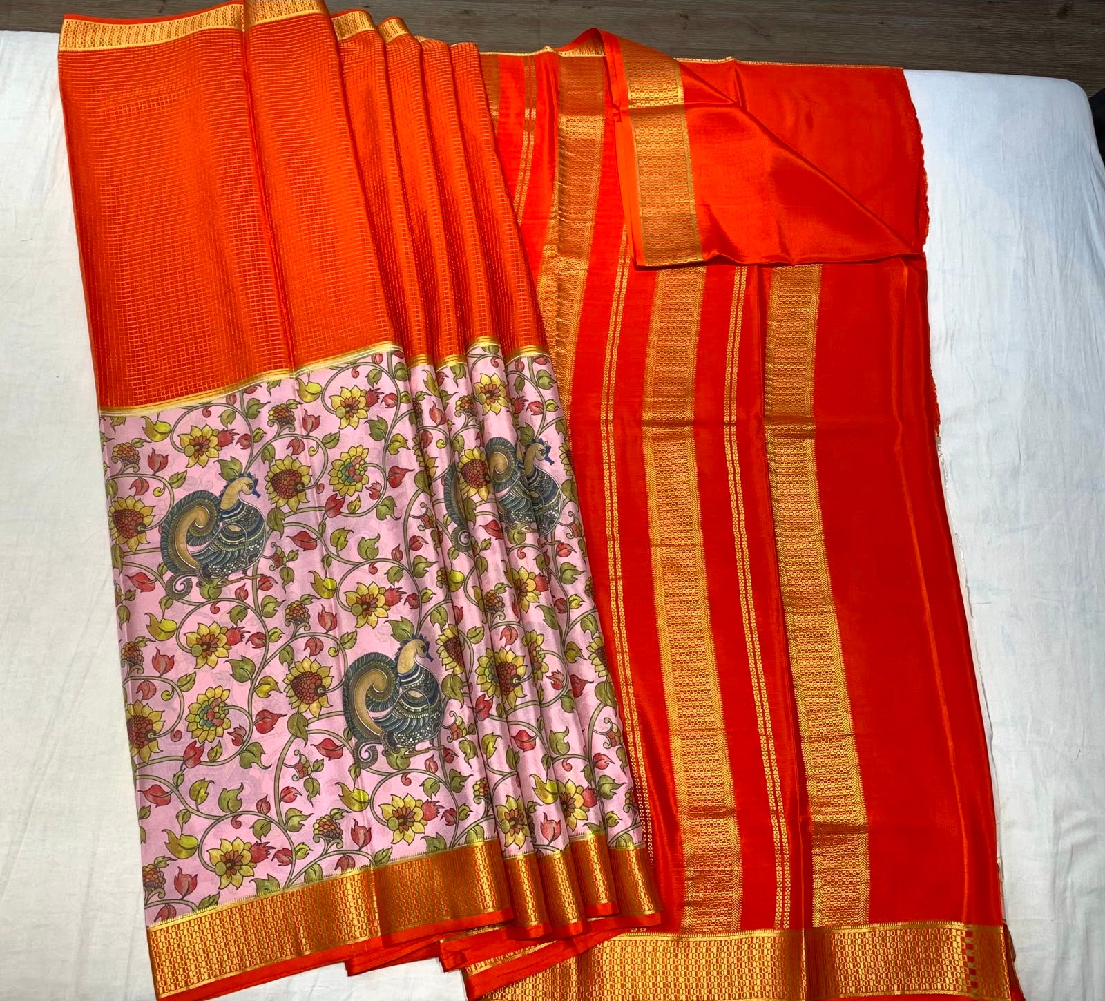 Floral Print Pink and Orange Mysore Pure Silk Saree With Gold Zari Border