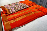Floral Print Pink and Orange Mysore Pure Silk Saree With Gold Zari Border