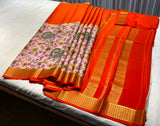 Floral Print Pink and Orange Mysore Pure Silk Saree With Gold Zari Border