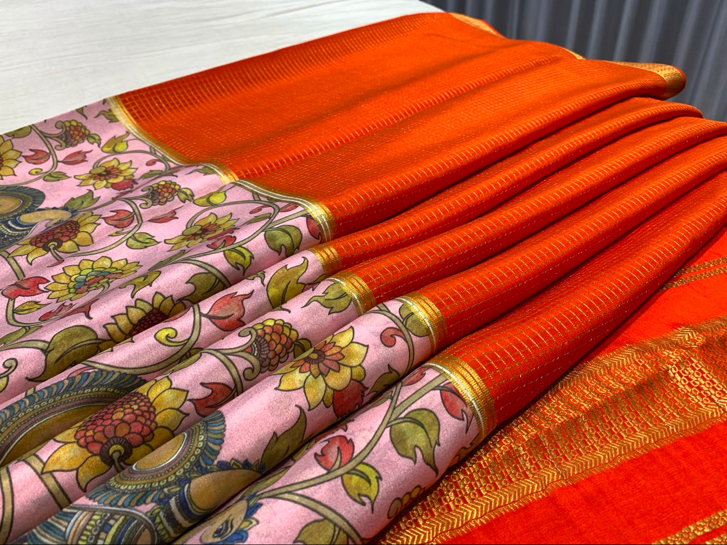 Floral Print Pink and Orange Mysore Pure Silk Saree With Gold Zari Border
