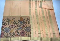 Floral Print Peach Mysore Pure Silk Saree With Gold Zari Border