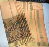 Floral Print Peach Mysore Pure Silk Saree With Gold Zari Border