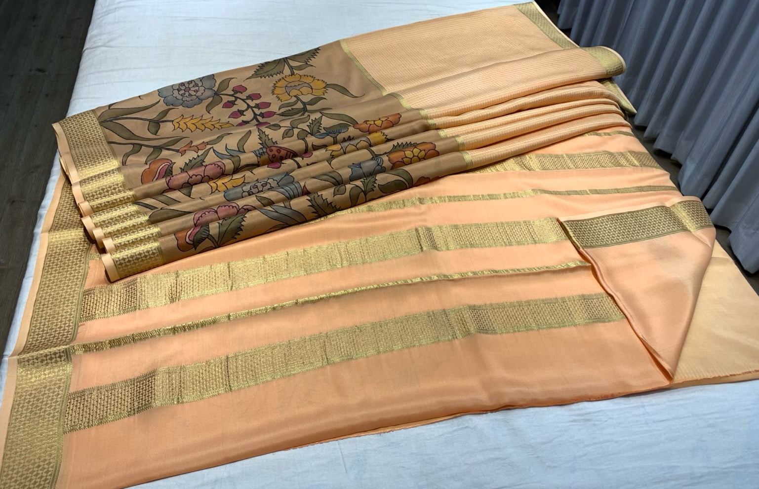 Floral Print Peach Mysore Pure Silk Saree With Gold Zari Border