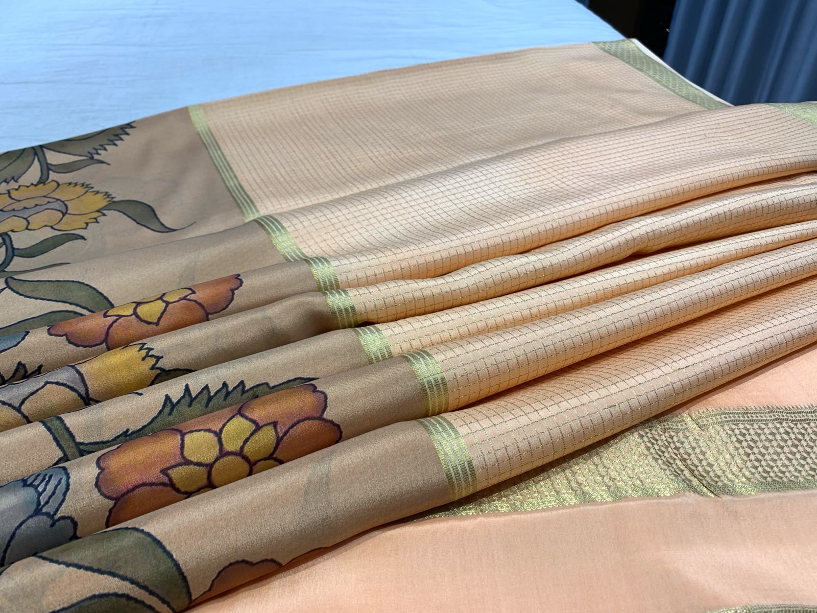 Floral Print Peach Mysore Pure Silk Saree With Gold Zari Border
