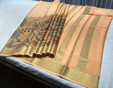 Floral Print Peach Mysore Pure Silk Saree With Gold Zari Border