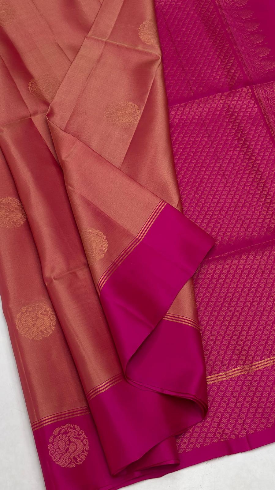 Peach Soft Silk Saree with checks with rani pink pallu