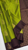 Olive green Soft Silk Saree with checks with coffee brown pallu