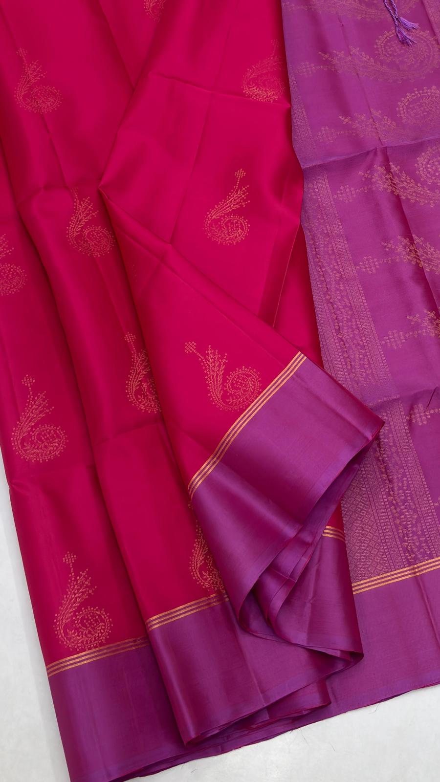Hot Pink Soft Silk Saree with light purple border & pallu