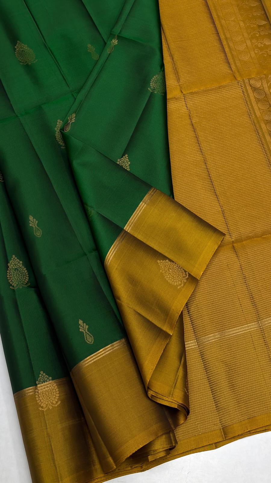 Leaf green Soft Silk Saree with mustard yellow pallu