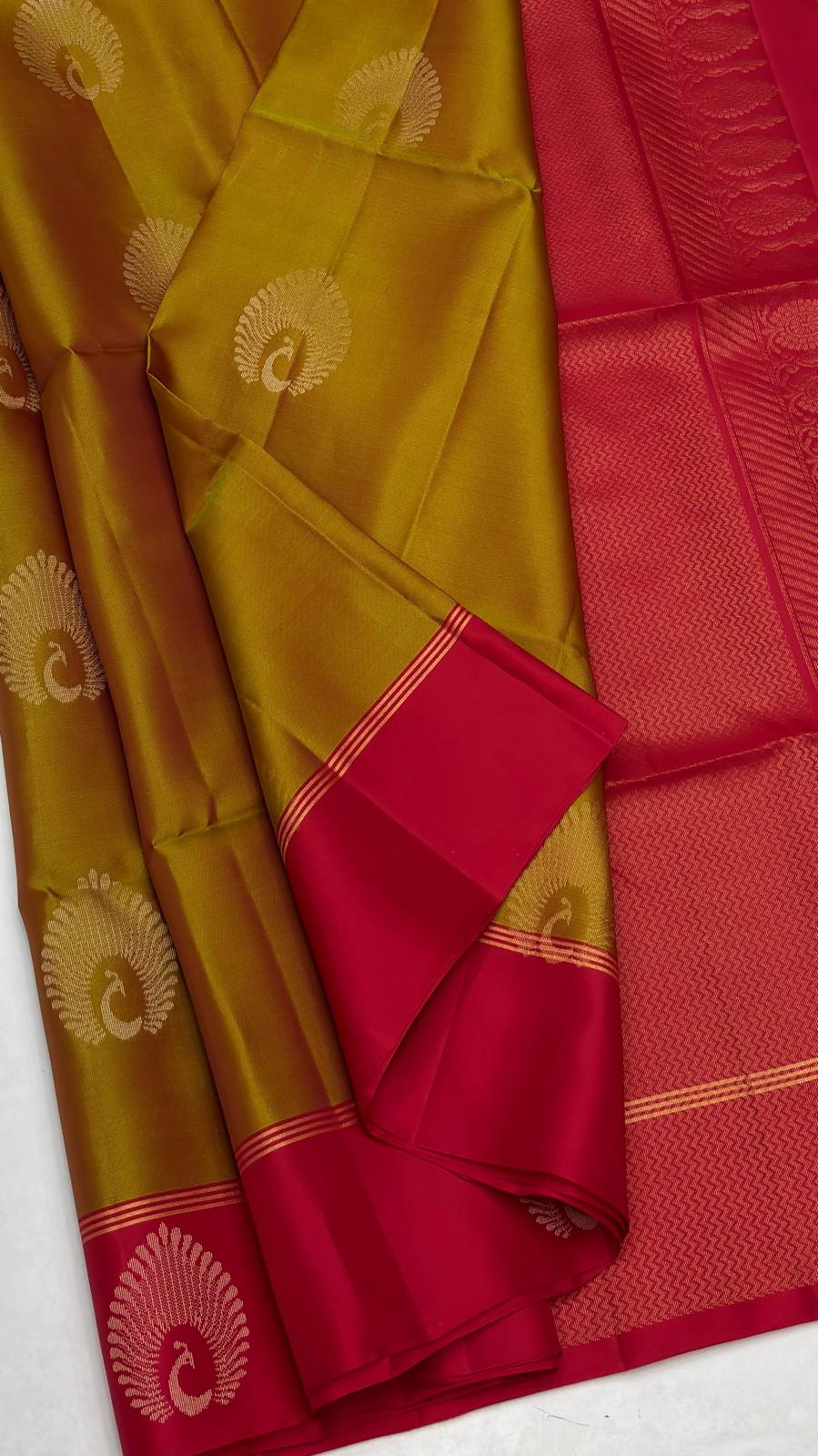 Mustard yellow Soft Silk Saree with red pallu