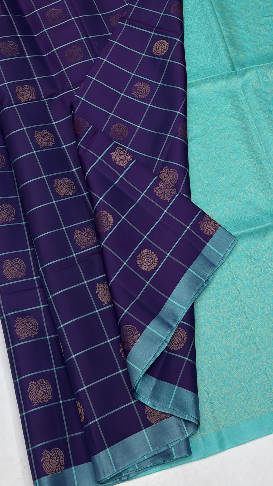 Navy Blue Kattam Soft Silk Saree with teal pallu