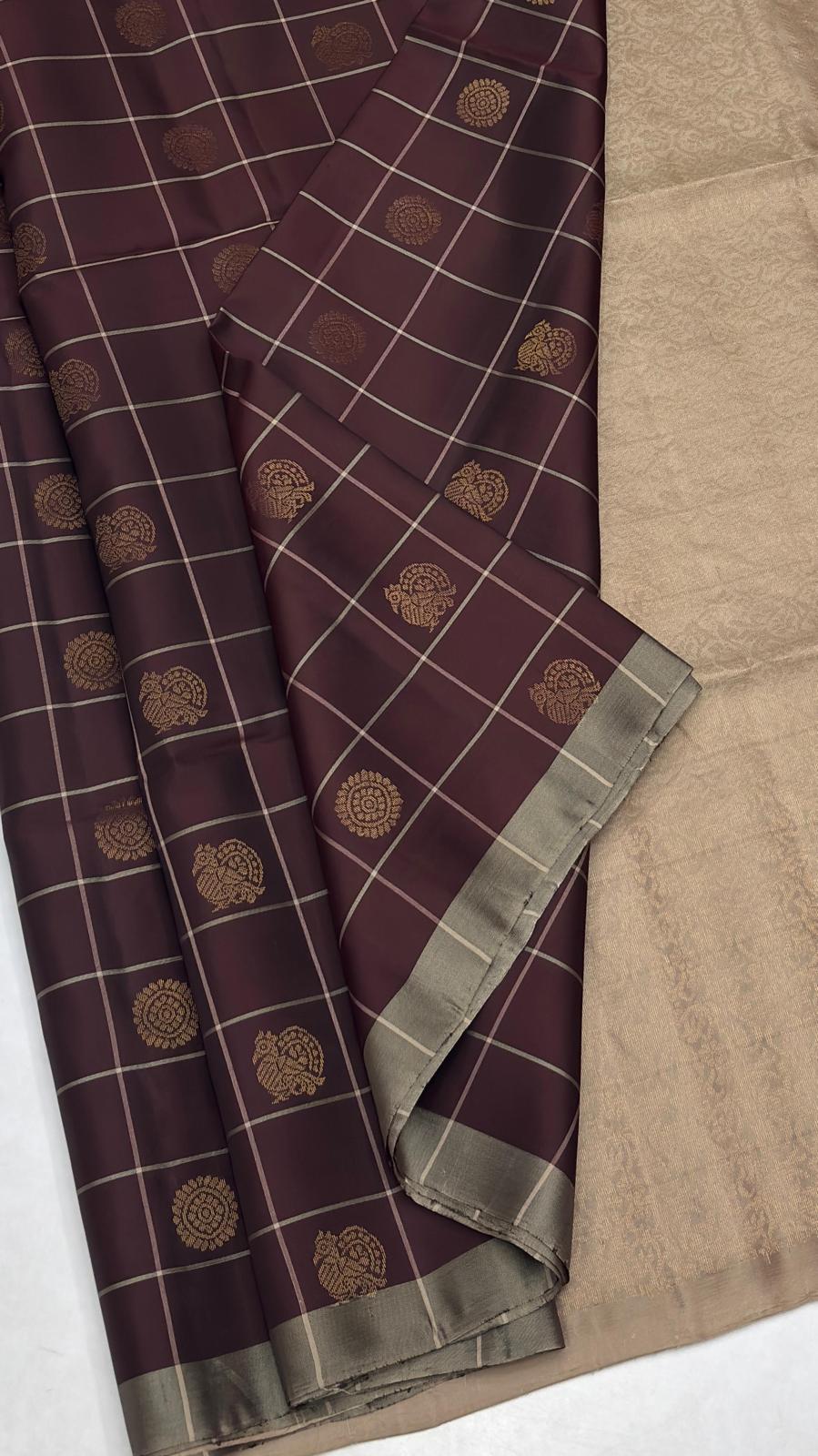 Coffee Brown Kattam Soft Silk Saree with beige pallu
