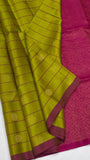 Olive green Kattam Soft Silk Saree with pink pallu