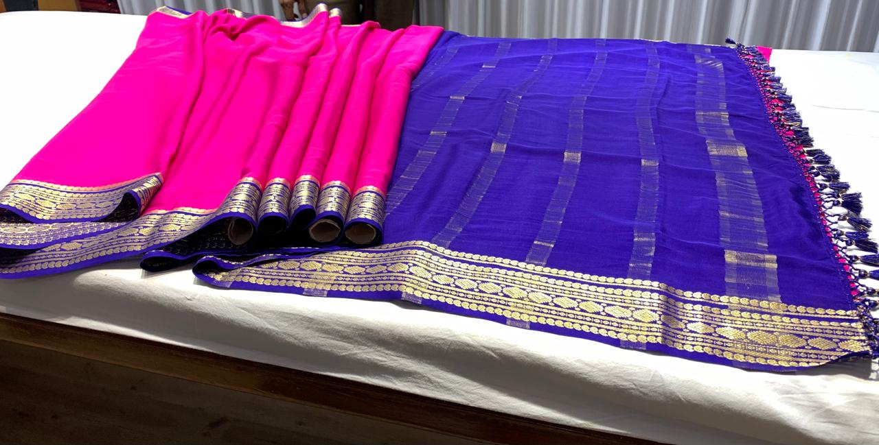 Pure Mysore Silk Dark pink color Saree With blue border - Silk Mark Certified